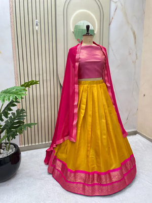 Pink & Mustard South Style Kanchipuram Silk Semi stitched Lehenga set with choli and dupatta 4