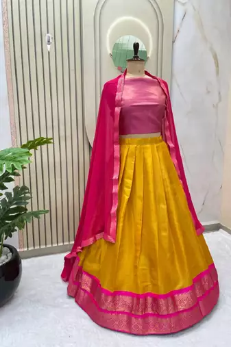 Pink & Mustard South Style Kanchipuram Silk Semi stitched Lehenga set with choli and dupatta