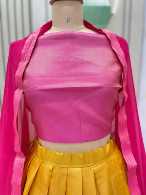 Pink & Mustard South Style Kanchipuram Silk Semi stitched Lehenga set with choli and dupatta 1