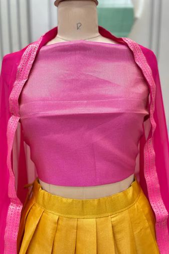 Pink & Mustard South Style Kanchipuram Silk Semi stitched Lehenga Choli