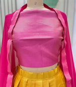 Pink & Mustard South Style Kanchipuram Silk Semi stitched Lehenga set with choli and dupatta