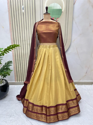 Brown & Cream South Style Kanchipuram Silk Semi stitched Lehenga set with choli and dupatta 1