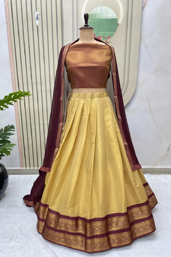 Brown & Cream South Style Kanchipuram Silk Semi stitched Lehenga Choli