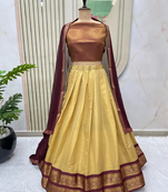 Brown & Cream South Style Kanchipuram Silk Semi stitched Lehenga set with choli and dupatta
