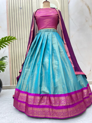 Skyblue South Style Kanchipuram Silk Semi stitched Lehenga set with choli and dupatta 2
