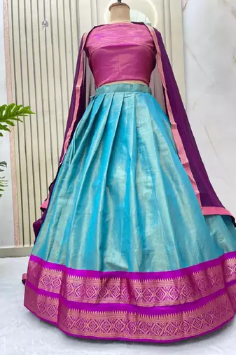 Skyblue South Style Kanchipuram Silk Semi stitched Lehenga set with choli and dupatta