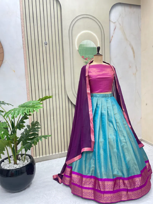 Skyblue South Style Kanchipuram Silk Semi stitched Lehenga set with choli and dupatta 3