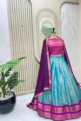 Skyblue South Style Kanchipuram Silk Semi stitched Lehenga set with choli and dupatta