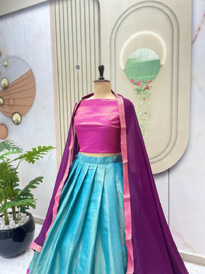Skyblue South Style Kanchipuram Silk Semi stitched Lehenga set with choli and dupatta 4