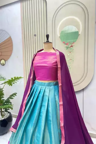 Skyblue South Style Kanchipuram Silk Semi stitched Lehenga set with choli and dupatta