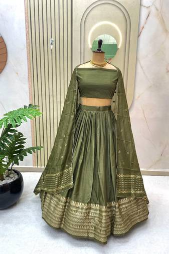 Mehendi Chanderi Zari Weaving Border Lehenga choli With Dupatta