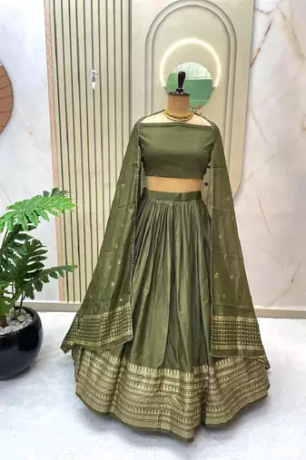 Mehendi Chanderi Zari Weaving Border Lehenga choli With Dupatta