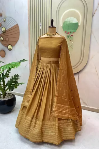 Mustard Zari Weaving Border semi Stitched Lehenga choli With Dupatta
