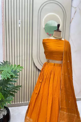 Orange Zari Weaving Border semi Stitched Lehenga choli With Dupatta