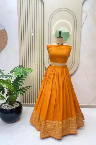 Orange Zari Weaving Border semi Stitched Lehenga choli With Dupatta