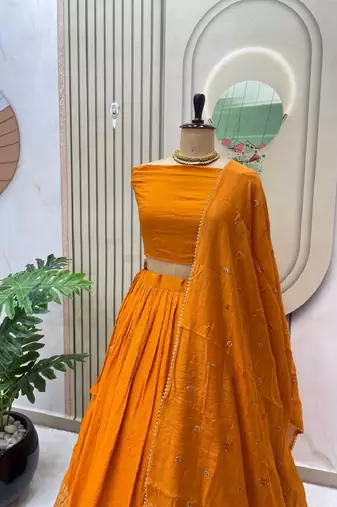 Orange Zari Weaving Border semi Stitched Lehenga choli With Dupatta