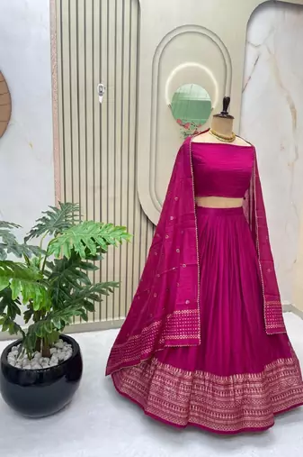 Pink Zari Weaving Border semi Stitched Lehenga set with choli and dupatta With Dupatta