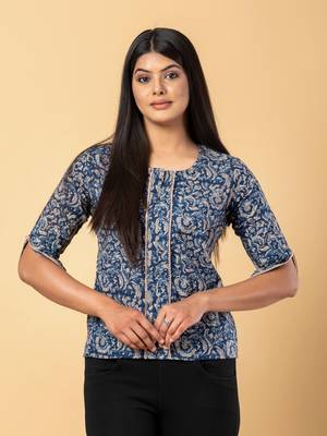 Blue and beige cotton regular top 1