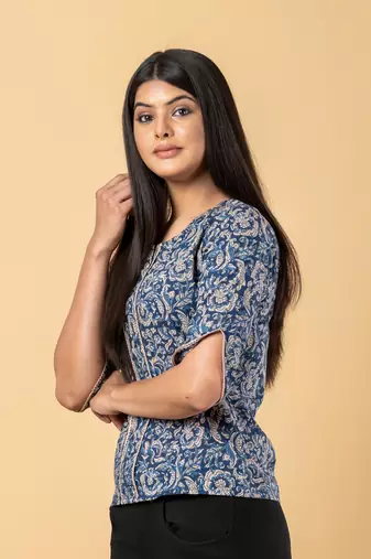 Blue and beige cotton regular top
