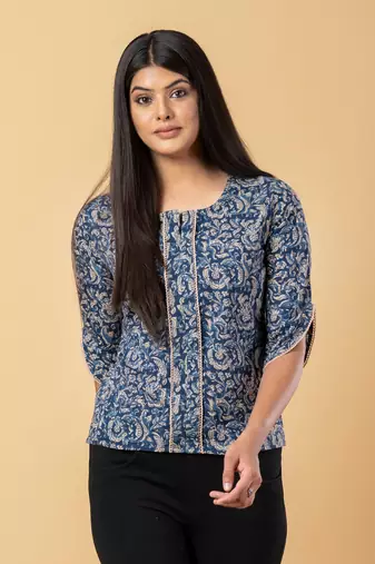 Blue and beige cotton regular top