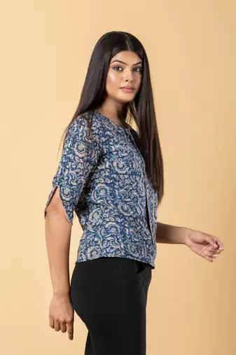 Blue and beige cotton regular top