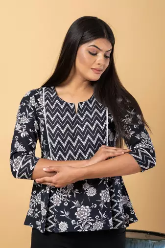Black cotton cinched waist top
