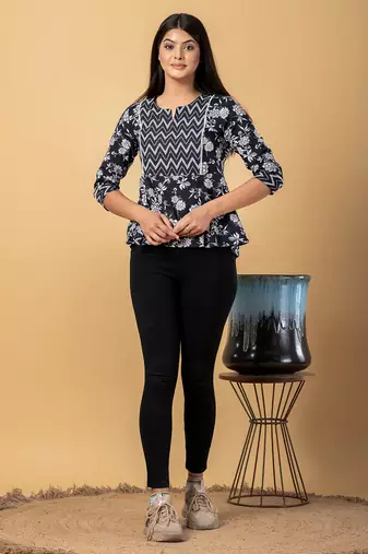 Black cotton cinched waist top