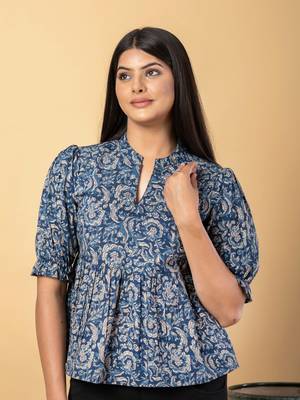 Blue and beige cotton peplum top 1