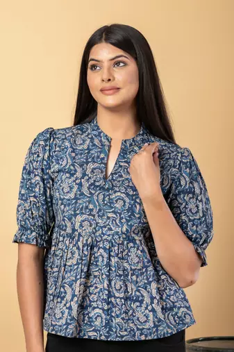 Blue and beage cotton peplum top
