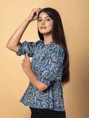 Blue and beige cotton peplum top 2