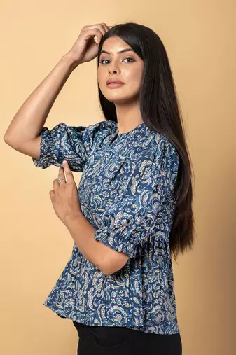 Blue and beige cotton peplum top
