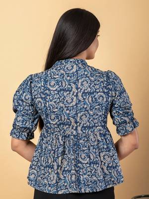 Blue and beige cotton peplum top 3