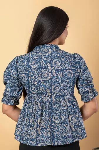 Blue and beige cotton peplum top