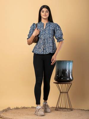 Blue and beige cotton peplum top 5