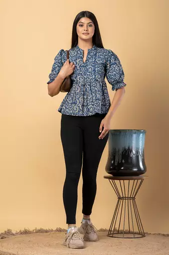 Blue and beige cotton peplum top