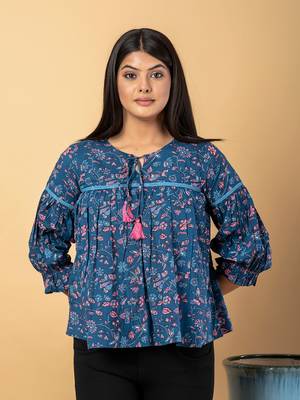 Teal blue cotton cinched waist top 1