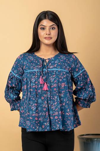 Teal blue cotton cinched waist top