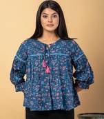 Teal blue cotton cinched waist top