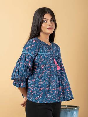 Teal blue cotton cinched waist top 2