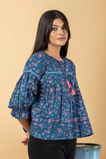 Teal blue cotton cinched waist top