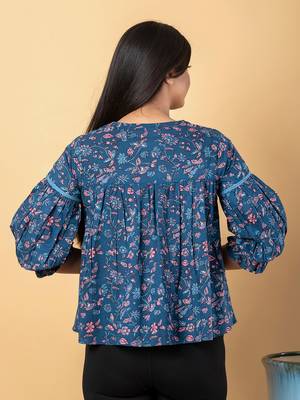 Teal blue cotton cinched waist top 3