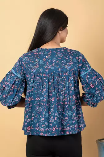 Teal blue cotton cinched waist top