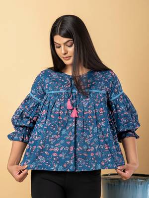 Teal blue cotton cinched waist top 4