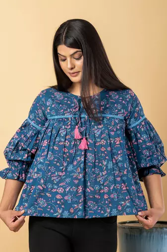 Teal blue cotton cinched waist top