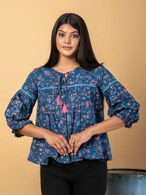 Teal blue cotton cinched waist top 5