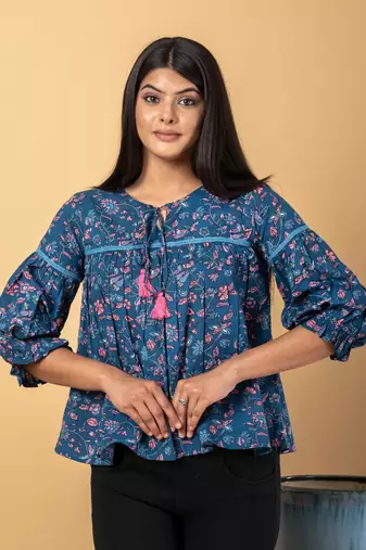 Teal blue cotton cinched waist top