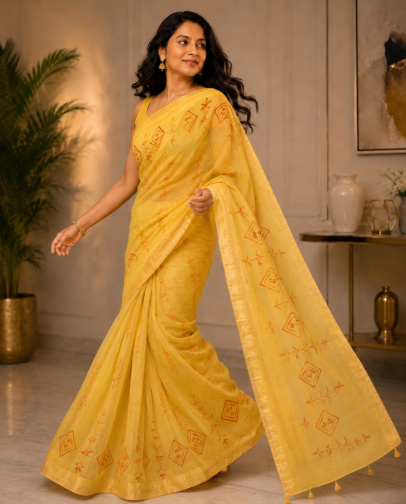Yellow Hand Painted Khadi Handloom Saree With Blouse