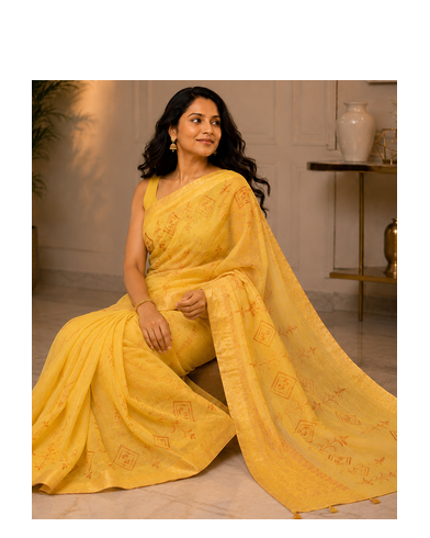 Yellow Hand Painted Khadi Handloom Saree With Blouse 3