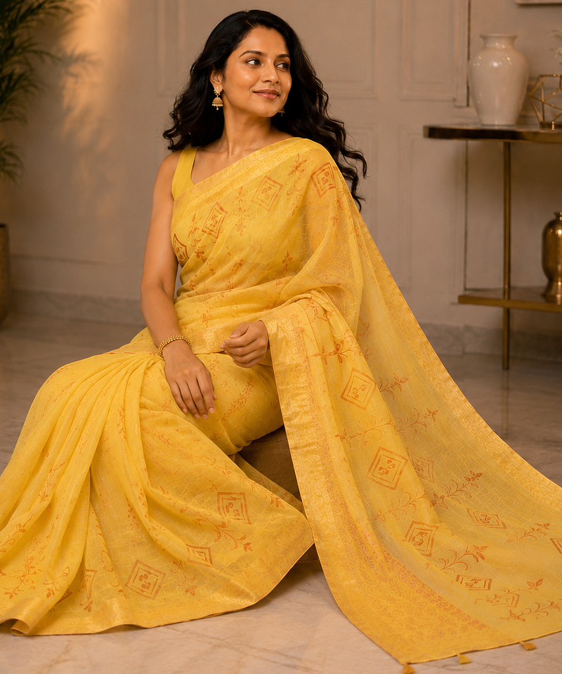 Yellow Hand Painted Khadi Handloom Saree With Blouse