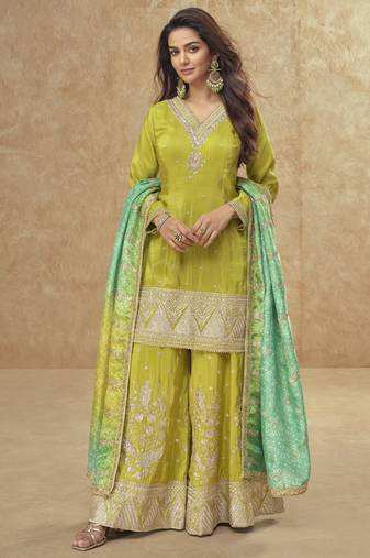 Parrot green simar silk embroidered palazzo suit